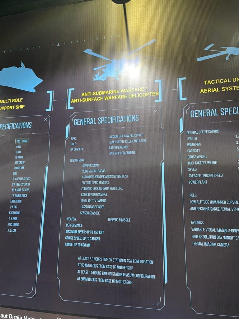 A graphic at the Royal Malaysian Navy's booth at Defence Services Asia 2024 listing the performance requirements for its future anti-submarine warfare helicopter (Albert Lee)